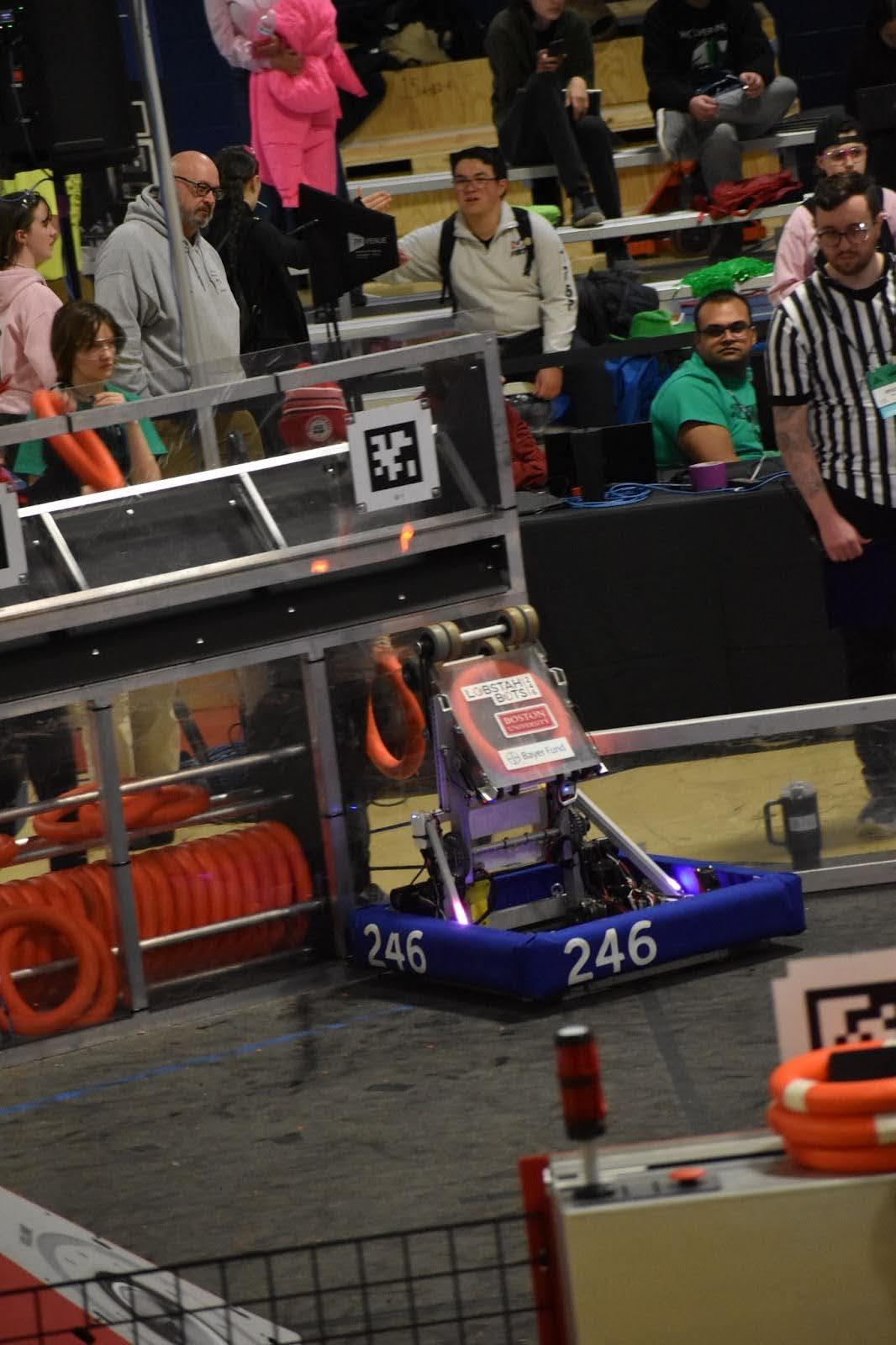 The robot picking up a note from the source station before returning to score at our Greater Boston (Revere) event.