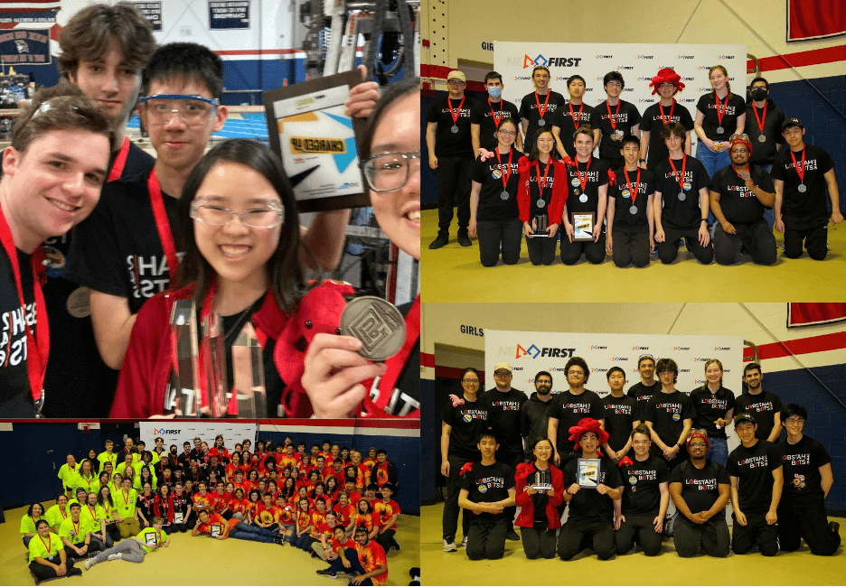 The Lobstah Bots were all awarded silver medals at our Greater Boston event. Our team was also given two trophies for being finalists and winning the Quality Award. Our drive team (pictured top left) features George '24, Owen '25, Maxwell '25, Kendree '25, and our drive coach Veronica (Mentor).