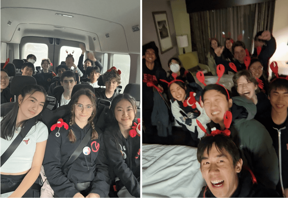 The Lobstahs had a lot of fun on our trip! Coco Shen '27, Leeza Ciccarone '27, and Sharon Xiong '27 lead the van ride while Maxwell Yu '25 takes a chaotic selfie in one of our hotel rooms!