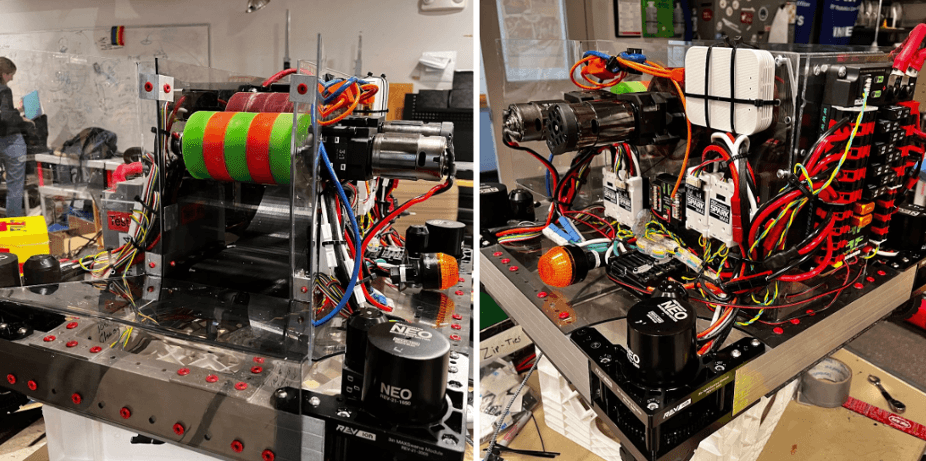 Pictures of our finished robot! On the left is the shooter and ramp, which takes in balls from below and spins them along the wheel and ramp to shoot them forward at a high angle. On the right is a picture from the back side, featuring the electrical work we managed to fit on the small bot. At each of the corners you can see two motors (one large and one small) which work to power each of the drivetrain’s wheels independently. One motor moves the wheel conventionally, while the other rotates the wheel like the front wheels of a shopping cart, making it a “swerve” drive.