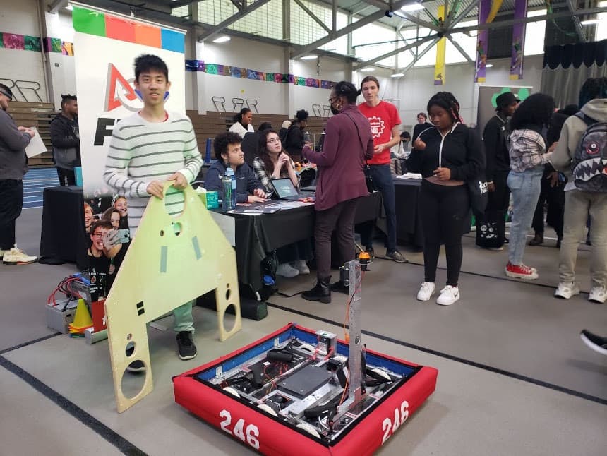 Students Maxwell '25, Eli '24, Sonya '24, Brandon '23, George '24, and mentors Aidan and Oliver '16 attended the Boston Public Schools STEM Fair.