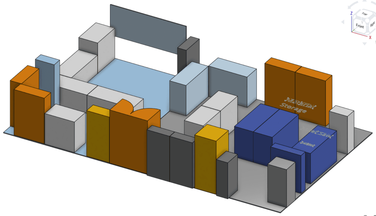 A to-scale computer-modeled new layout of our shop workspace.